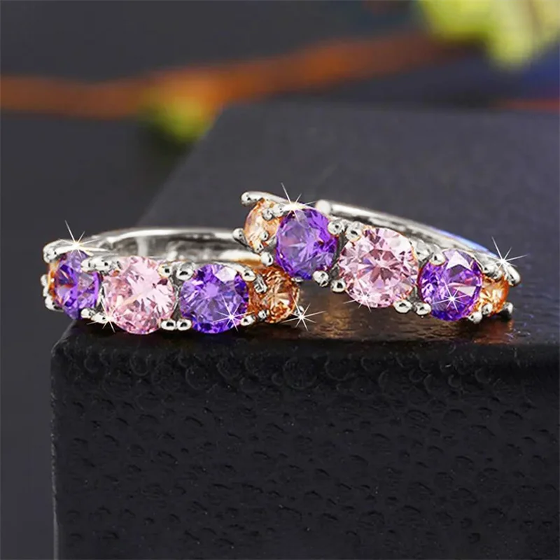 Huitan Fashion Luxury Colorful Pink/Purple CZ Hoop Earrings for Women Newly Designed Bridal Wedding Earrings Gift Party Jewelry Huitan Fashion Luxury Colorful Pink/Purple CZ Hoop Earrings for Women Newly Designed Bridal Wedding Earrings Gift Party Jewelry