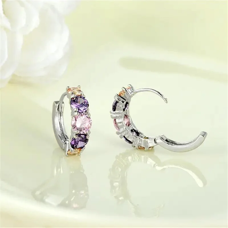 Huitan Fashion Luxury Colorful Pink/Purple CZ Hoop Earrings for Women Newly Designed Bridal Wedding Earrings Gift Party Jewelry Huitan Fashion Luxury Colorful Pink/Purple CZ Hoop Earrings for Women Newly Designed Bridal Wedding Earrings Gift Party Jewelry