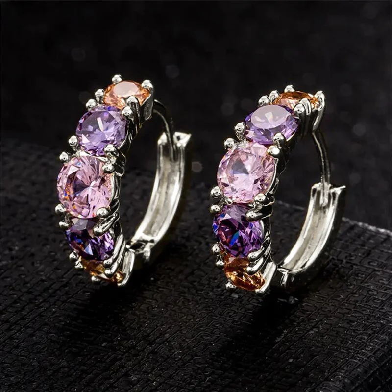 Huitan Fashion Luxury Colorful Pink/Purple CZ Hoop Earrings for Women Newly Designed Bridal Wedding Earrings Gift Party Jewelry Huitan Fashion Luxury Colorful Pink/Purple CZ Hoop Earrings for Women Newly Designed Bridal Wedding Earrings Gift Party Jewelry